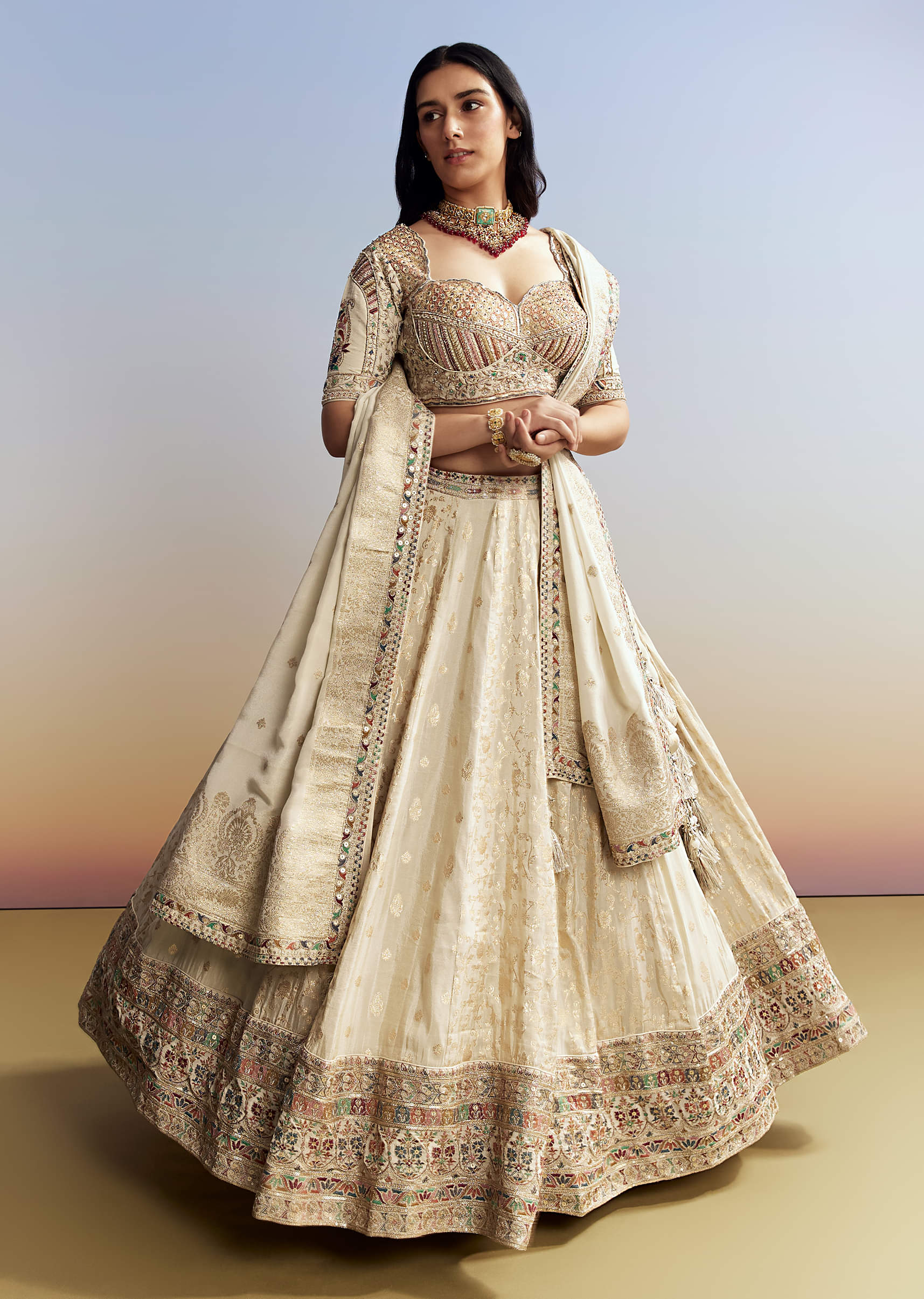 Buy Cream Tissue Embroidered Bridesmaid Lehenga KALKI Fashion India
