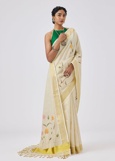 Cream Tissue Kasavu Floral Printed Saree With Unstitched Blouse