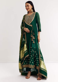 Dark Green Angrakha Kurta Set With Bandhani Dupatta