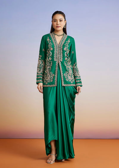 Dark Green Embroidered Silk Blend Crop Top Skirt Set