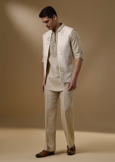 Deep Beige Linen Kurta Set With Cream Embroidered Nehru Jacket