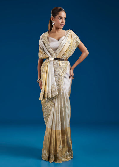 Dual Tone Gold And Silver Tissue Saree With Zardozi Border