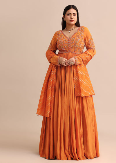 Embroidery Burnt Orange Anarkali Suit With Banarasi Organza Dupatta