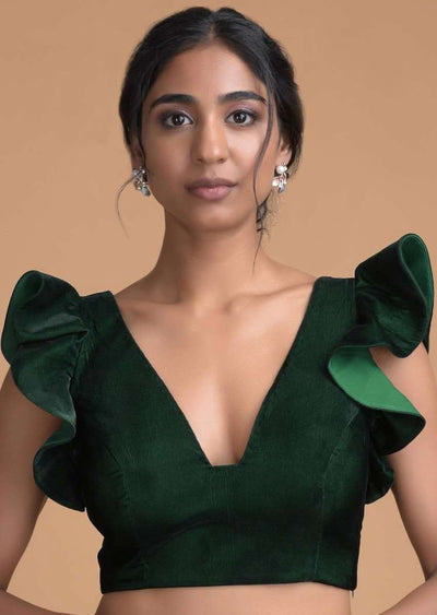 forest-green-blouse-in-velvet-with-trapeze-neck-and-ruffle-sleeves-online-kalki-fashion-m001dd590y 4 1