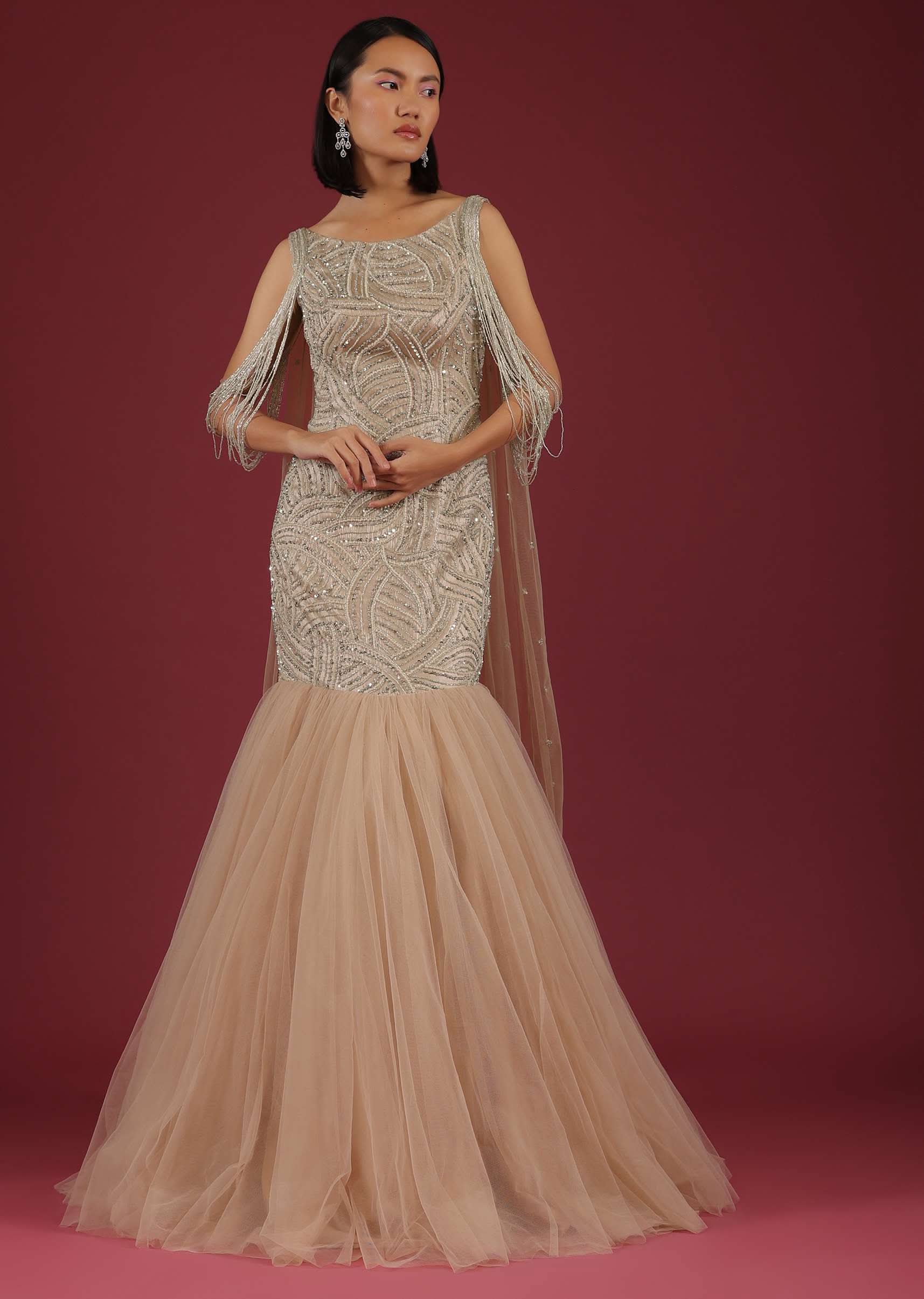 Buy Frappe Mermaid Gown In Cut Dana Dangling Tassels On The Shoulder| KALKI Fashion India Buy Frappe Mermaid Gown In Cut Dana Dangling Tassels On The Shoulder| KALKI Fashion India