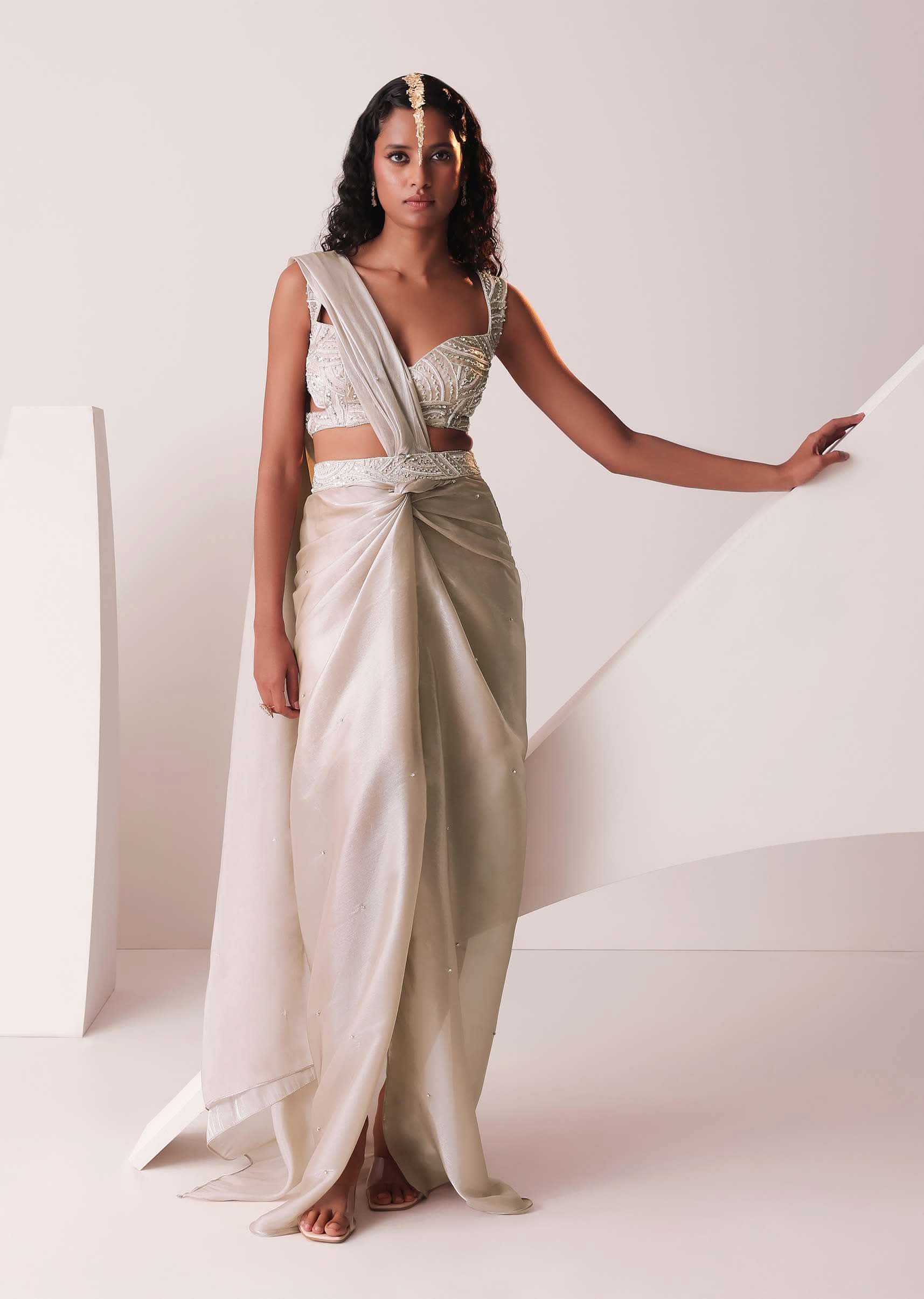 Buy Glam Silver Embroidered Ready To Wear Saree In Organza| KALKI
