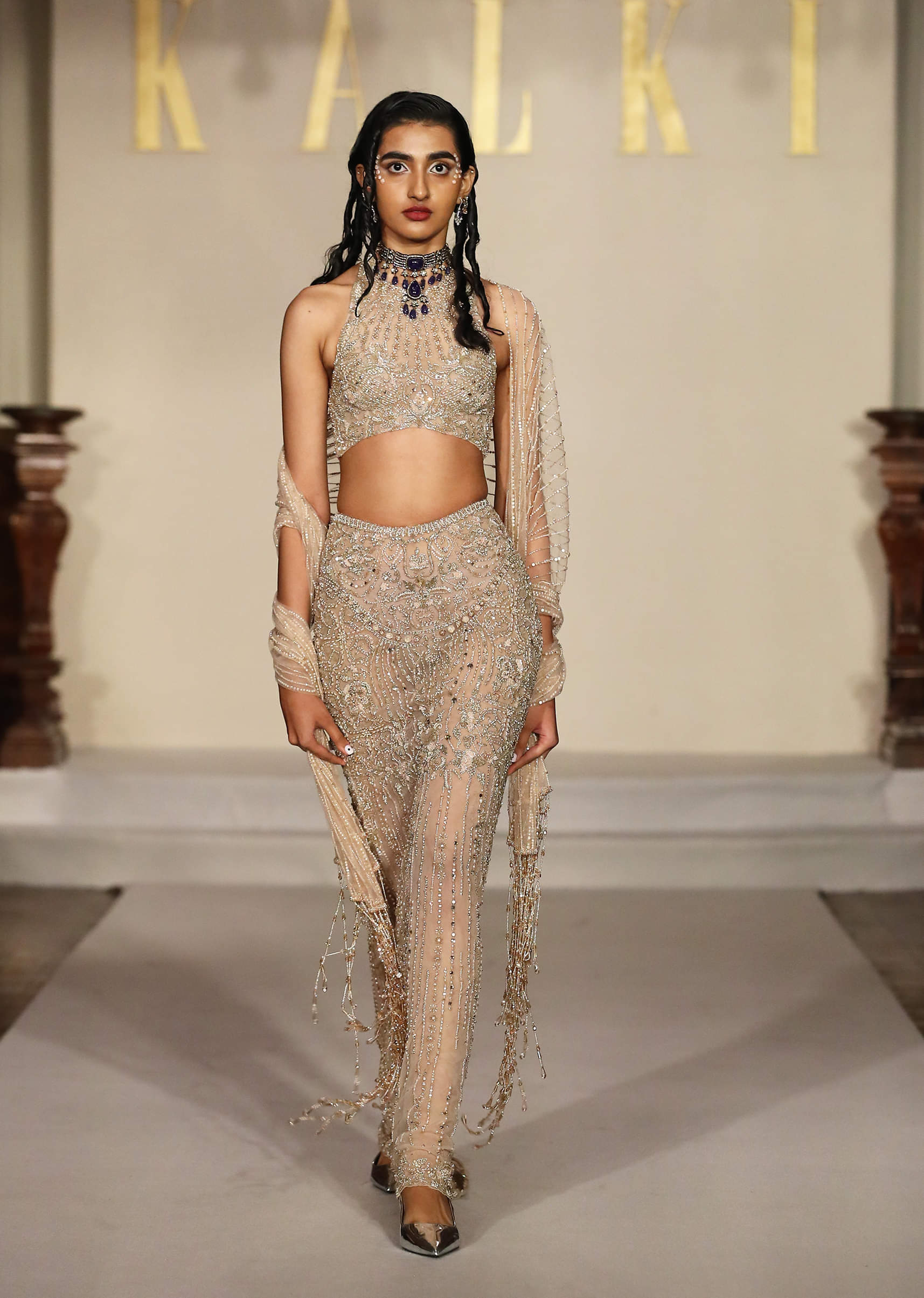 Buy Gold Net Indo Western Set With Embellished Halter Neck Blouse