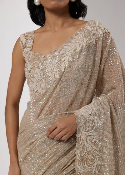 Gold Net Saree with Sequin and Floral Embellishment