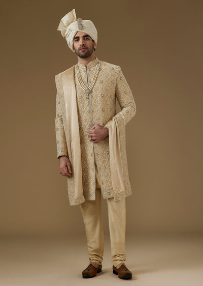 Gold Silk Sherwani Set With Zardozi, Cut Dana And Bead Embroidery