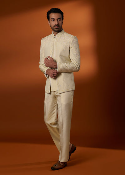 Gold Tissue Indo Western Set With Resham And Cutdana Work