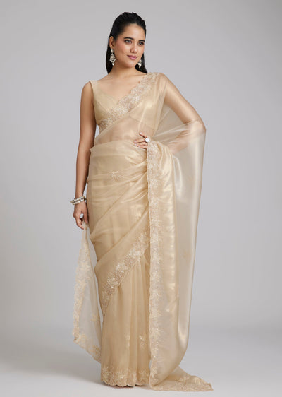 Gold Tissue Saree With Floral Cutwork Border