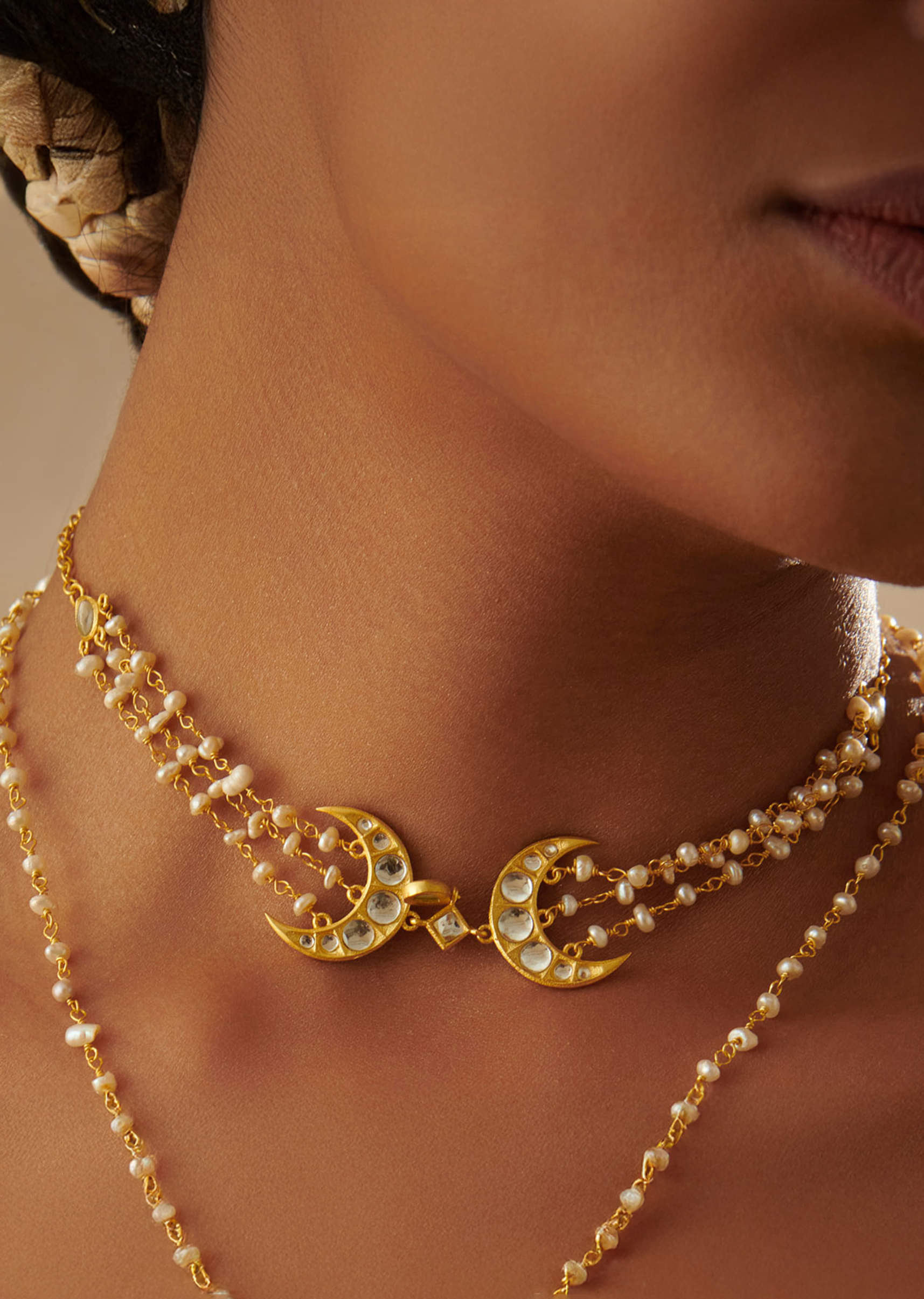 Buy Gold Choker Necklace With Crescent Motifs And Pearl Detailing