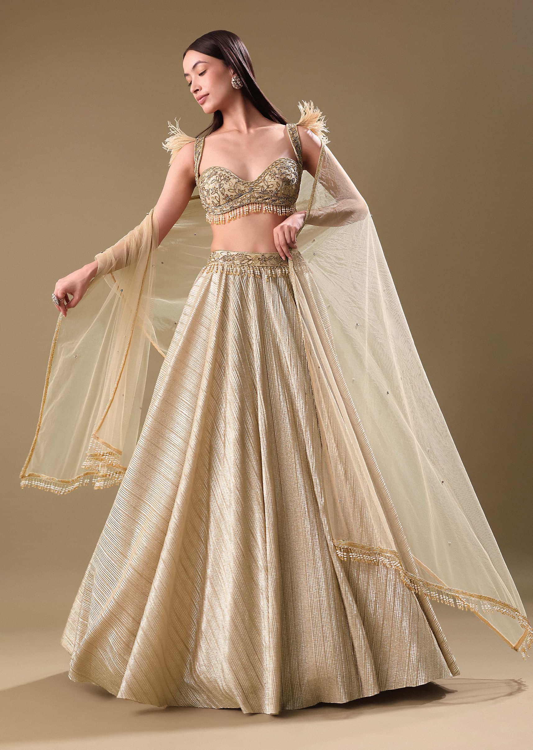 Buy Gold Pre Pleated Lehenga With Embellished Blouse And Net Dupatta| KALKI  Fashion India