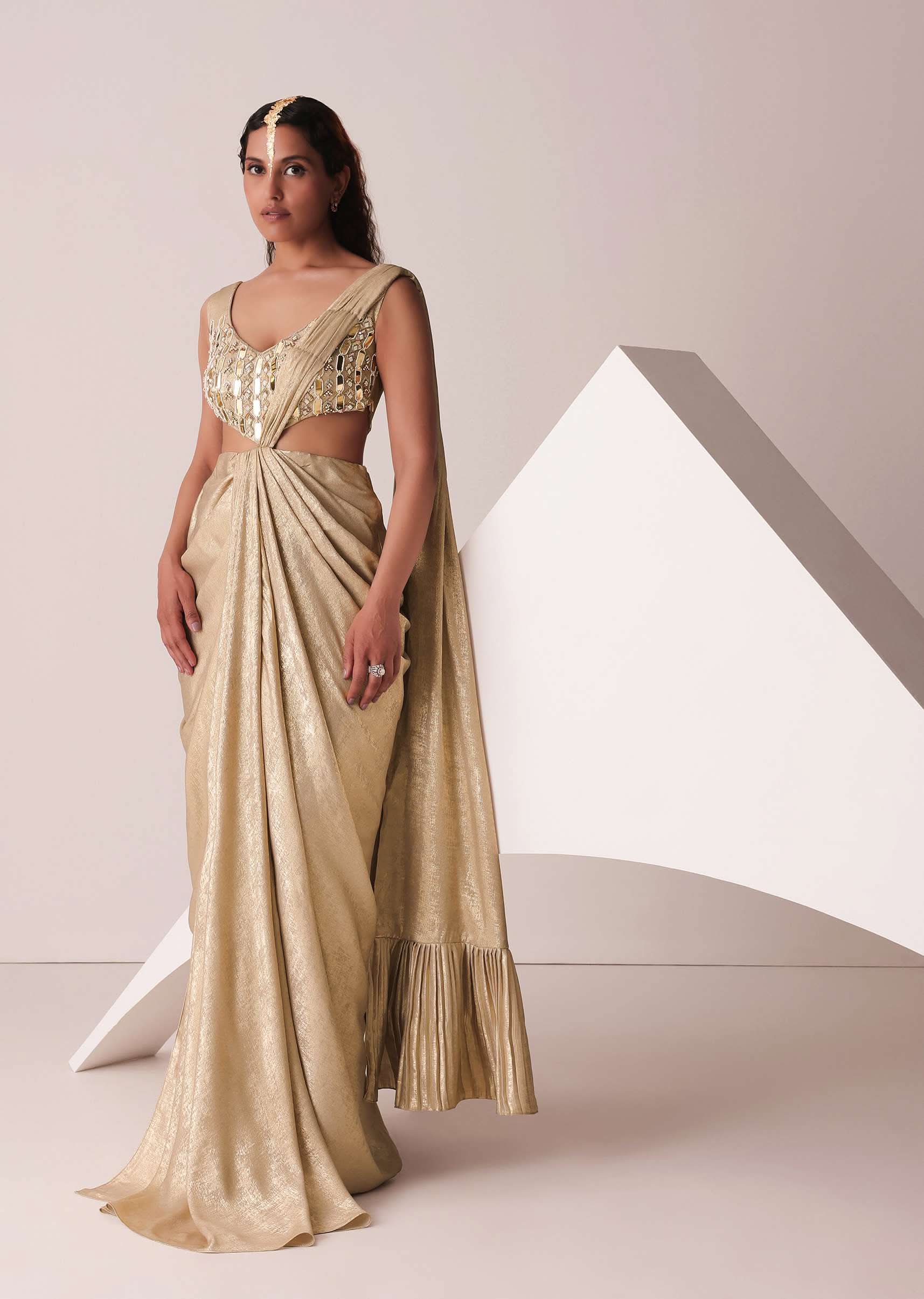 Buy Golden Ready-To-Wear Embroidered Saree Gown In Gold Foil Fabric| KALKI  Fashion India