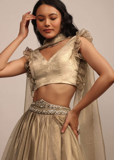 golden sleeveless blouse in satin glam gold with ruffle sleeve frill-sg148070 2