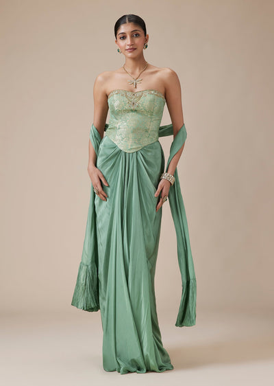 Green Pure Banarasi Brocade Corset Crop Top With Draped Skirt Set
