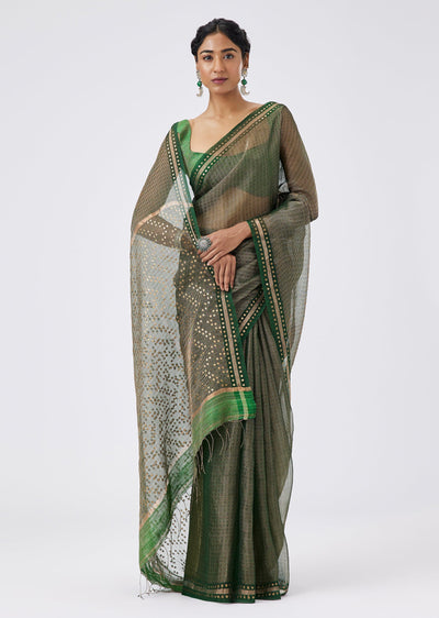 Green Chanderi Gold Embellished Saree With Unstitched Blouse