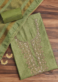 Green Chanderi Unstitched Suit Set With Zardosi And Gota Patti Work