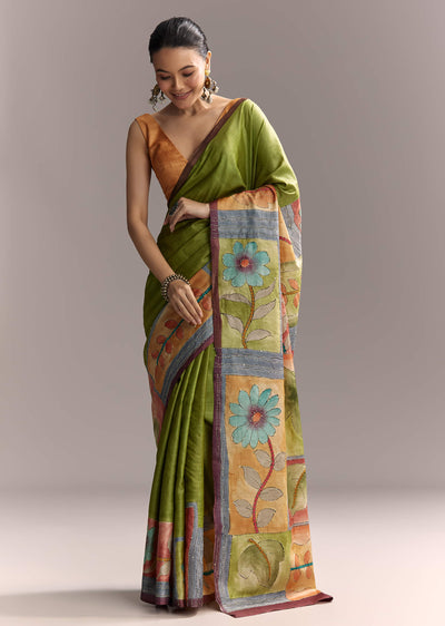 green-cotton-saree-with-hand-painted-floral-motifs-and-contrast-border-sg317790-1