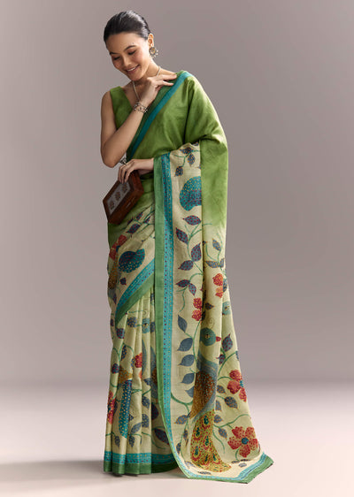 green-cotton-saree-with-hand-painted-motifs-and-blue-border-sg317760-1