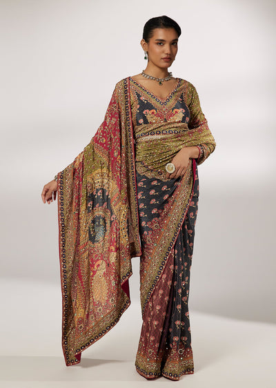 Green Crepe Floral Printed Saree With Heavy Embellishments