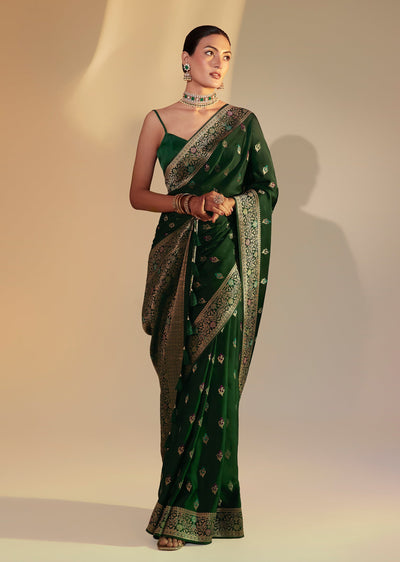 Green Dola Silk Saree With Zari Woven Butti Embroidery