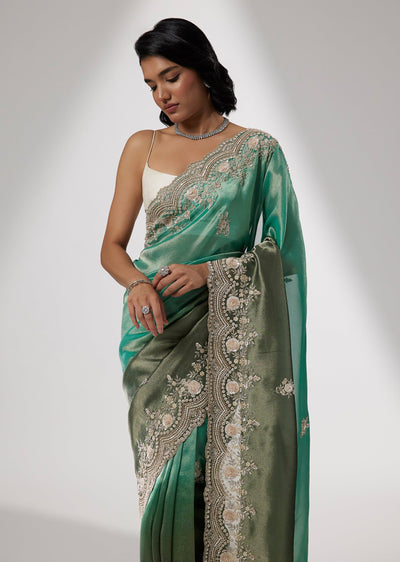 Green Ombre Tissue Saree with Sequin and Cutdana Embroidery