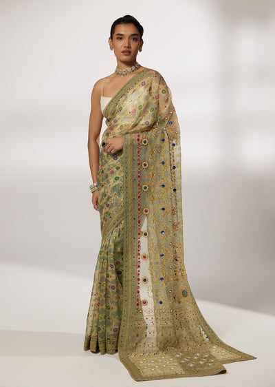 Green Organza Cutdana Embroidered Saree