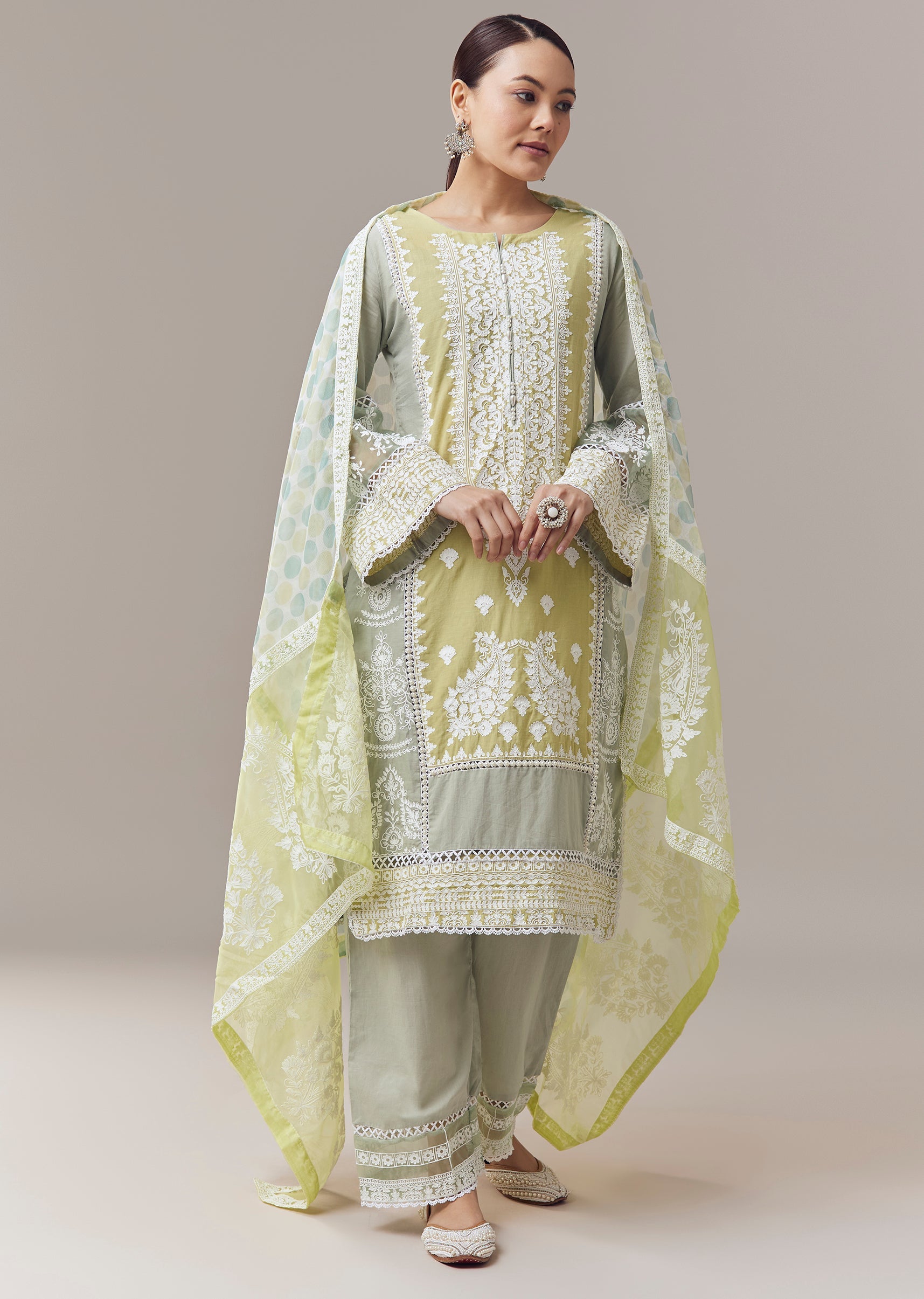 Buy Green Pakistani Style Kurta Set With Pastels Thread Work And Dupatta