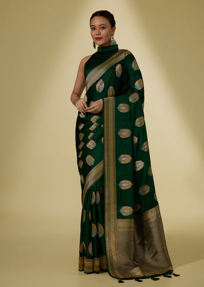 Green Satin Gold Zari Woven Saree With Ornamental Border Pallu