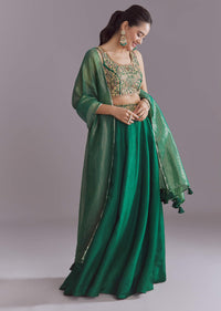 Green Silk Festive Lehenga With Zari Work