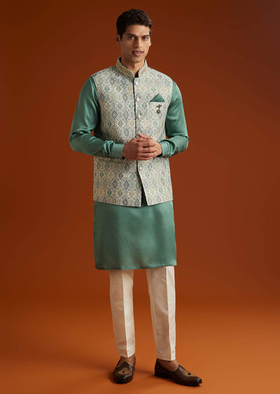 green-silk-kurta-jacket-set-for-men-with-geometric-jaal-print-sg332908-1