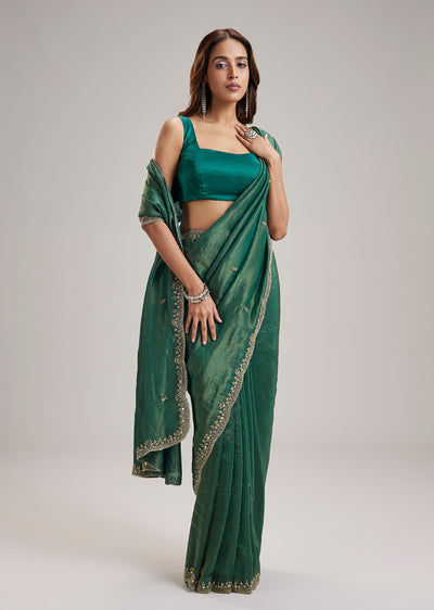 Green Tissue Organza Saree With Cut Dana And Sequin Embellished Border