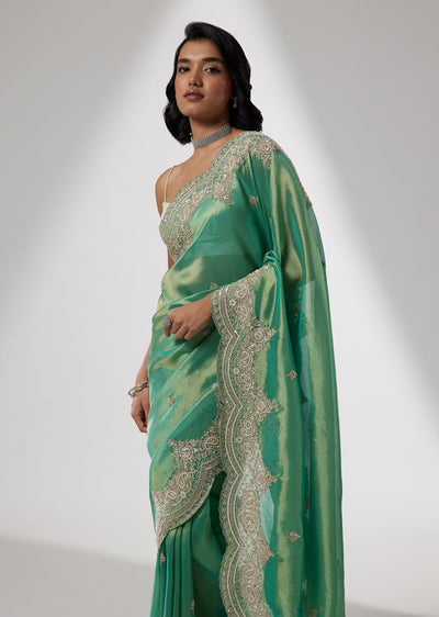 Green Tissue Saree with Sequin and Cutdana Embroidery