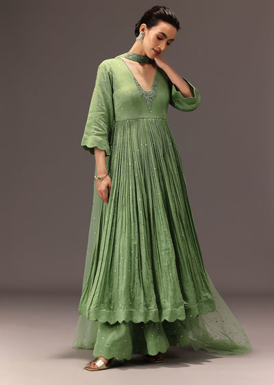 Green Chanderi Silk Hand Work Kurta Set