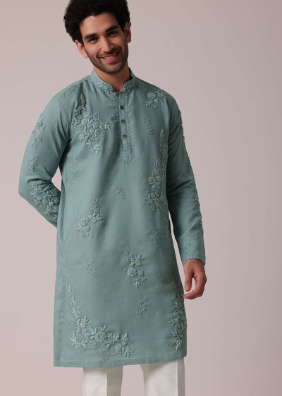 green festive linen kurta set for men-sg215144 1