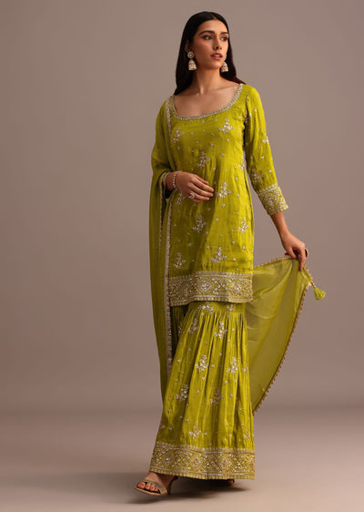 Green Sequins Kurti Sharara With Chanderi Banarasi Dupatta