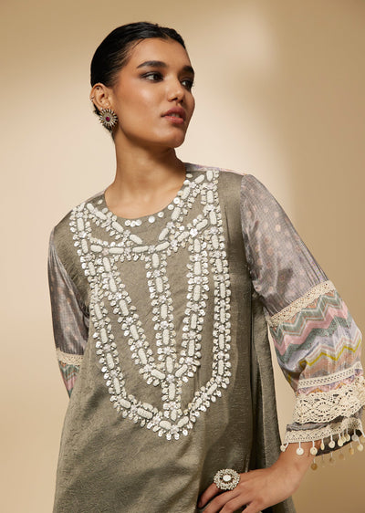 Grey Crepe Indo Western Embroidered Kurti And Skirt Set