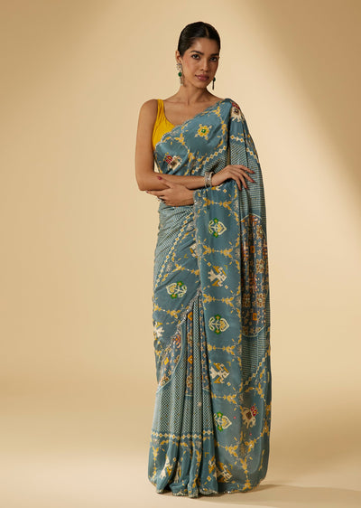 Grey Crepe Patola Digital Printed Saree With Abla Embellished Border Pallu