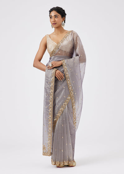 Grey Crushed Tissue Saree With Zari Embroidered Border