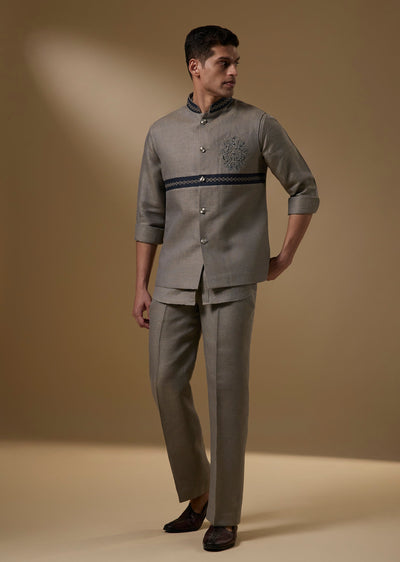 Grey Linen Jacket Kurta Set With Cutdana And Moti Embroidery