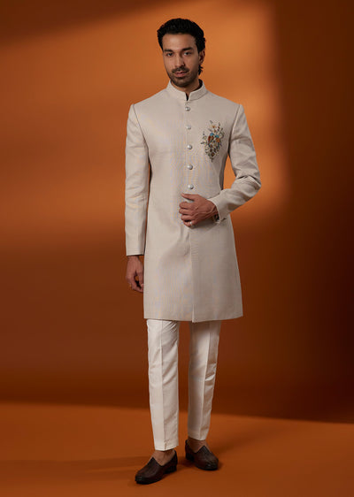 Grey Matka Silk French Knot Embroidered Sherwani Set