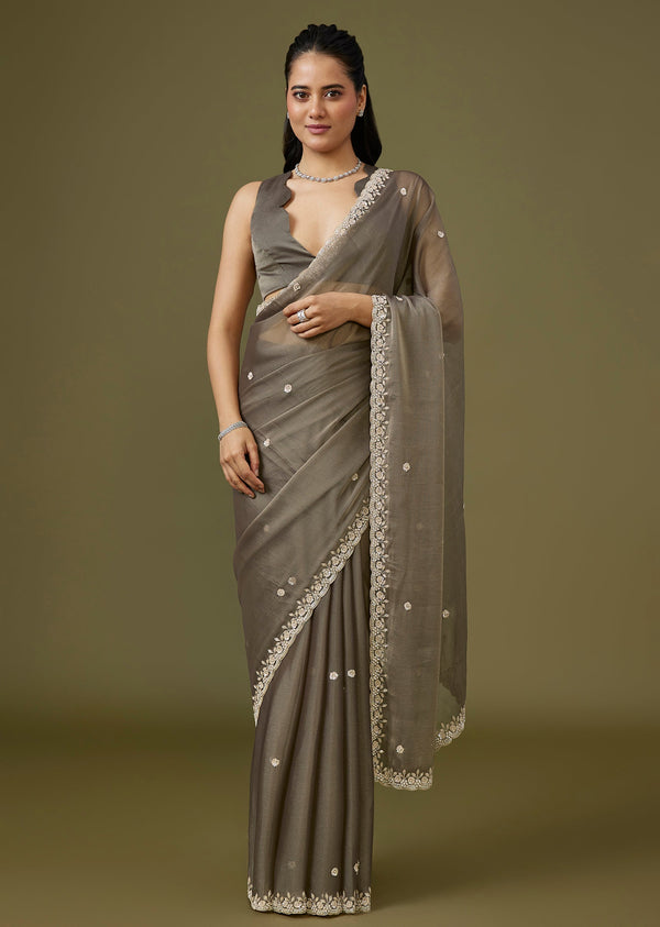 Grey Tissue Saree With Floral Border And Buttis
