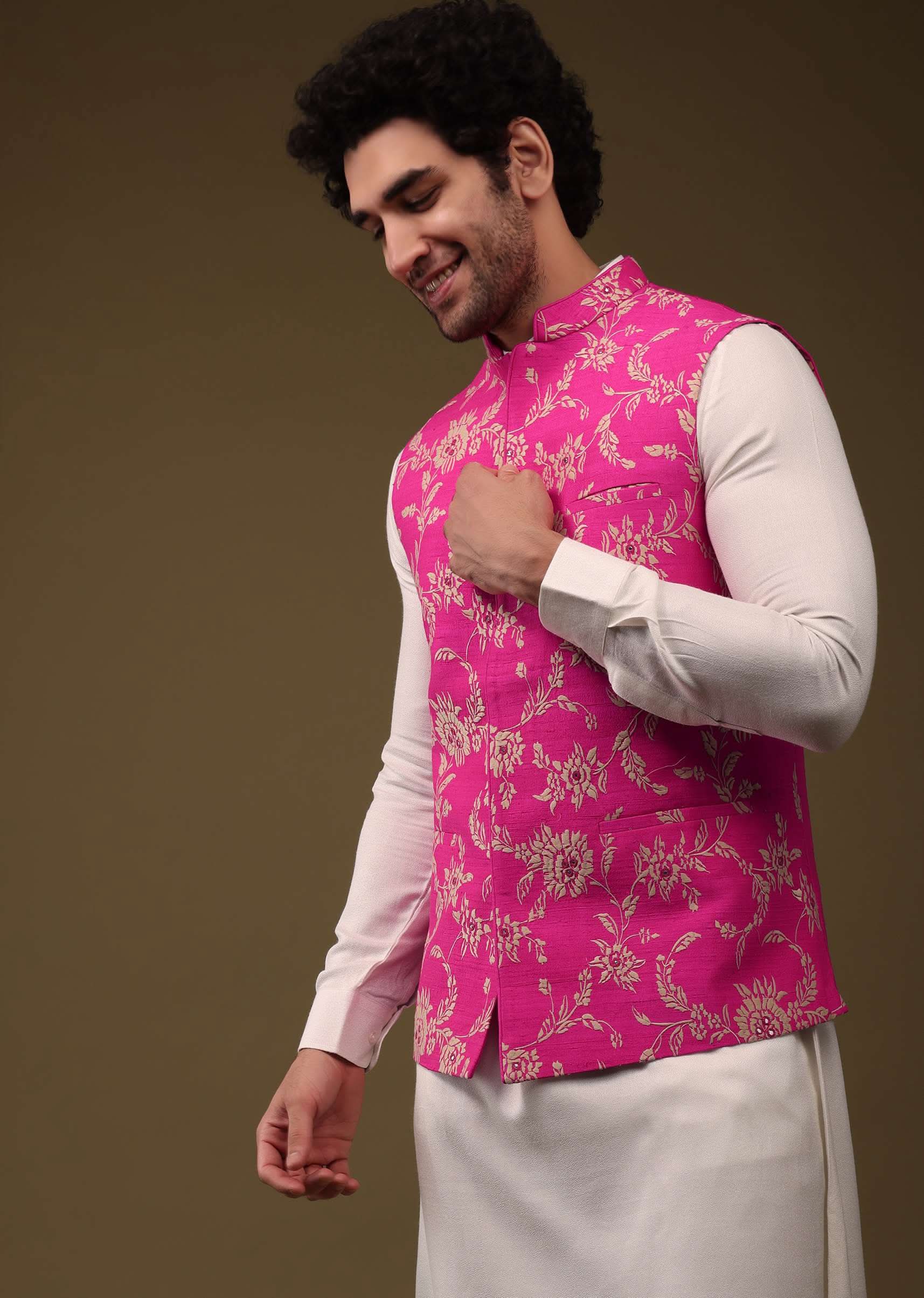 Buy Hot Pink Jacket Kurta Set In Silk With Threadwork And High-Low Kurta