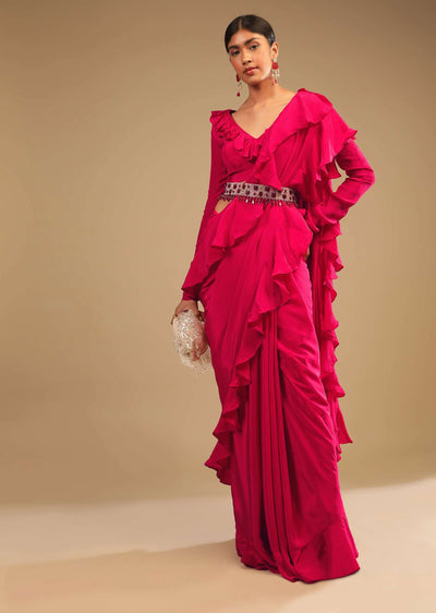 hot pink saree with ruffle pallu stone embellished belt and a ruffle blouse with side cut outs online - kalki fashion 6 1