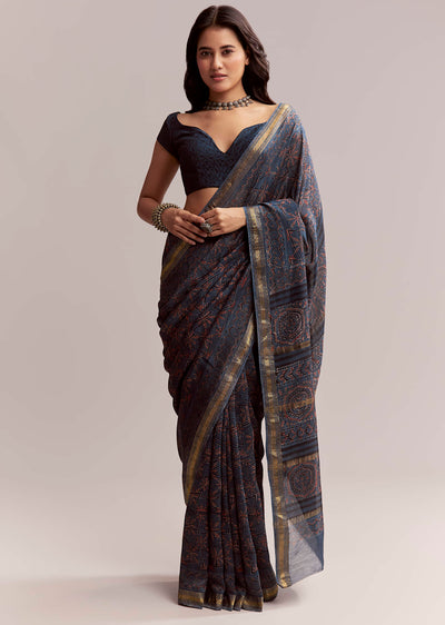 ink-blue-linen-printed-saree-with-hand-block-ajrakh-leaf-print-sg311992-1