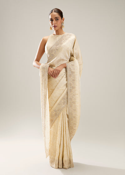 Ivory Banarasi Silk Saree With Cutdana And Zardosi Border