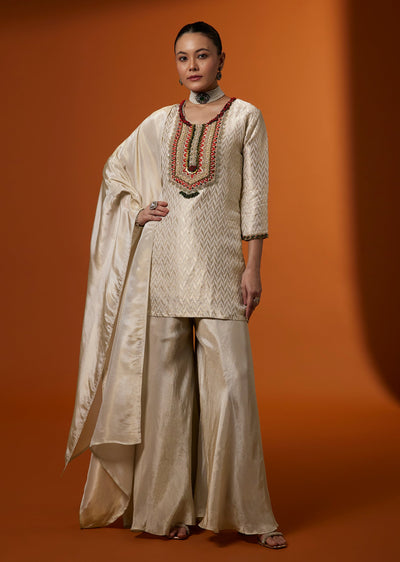 Ivory Brocade Palazzo Suit Set With Embroidered Yoke
