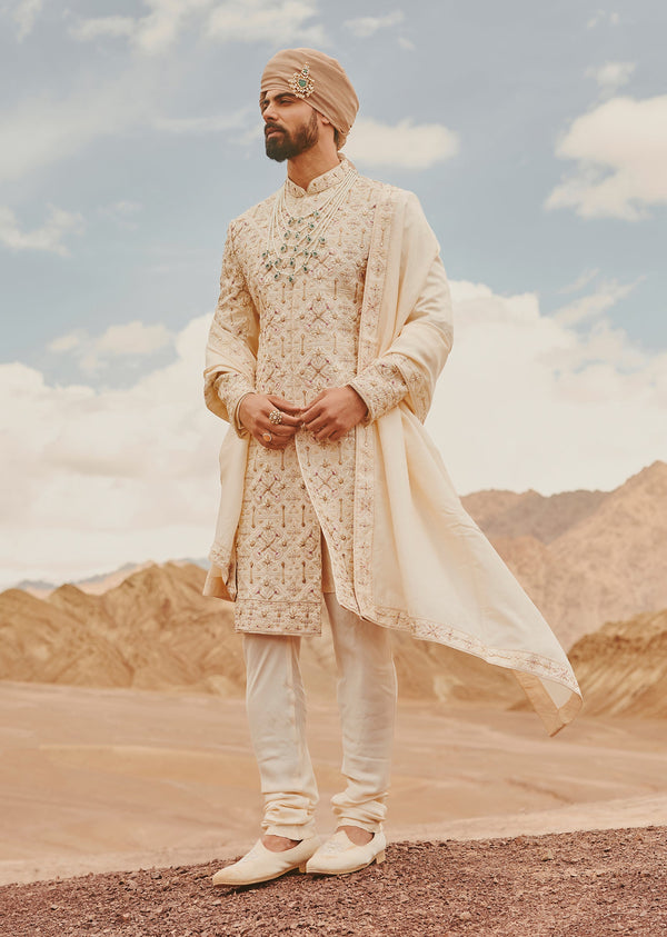 Ivory Hand Embroidered Raw Silk Groom Sherwani Set