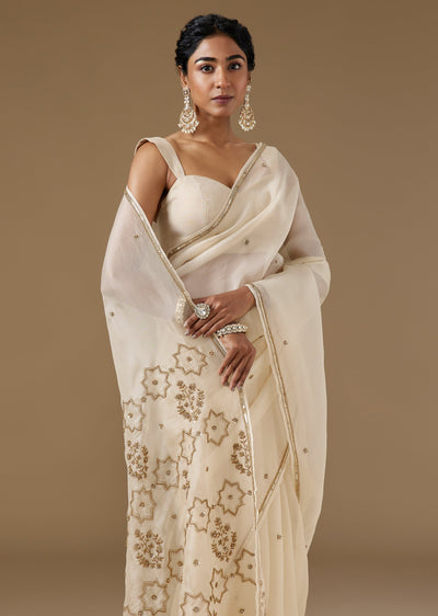 Ivory Pure Organza Saree With Sequined Border